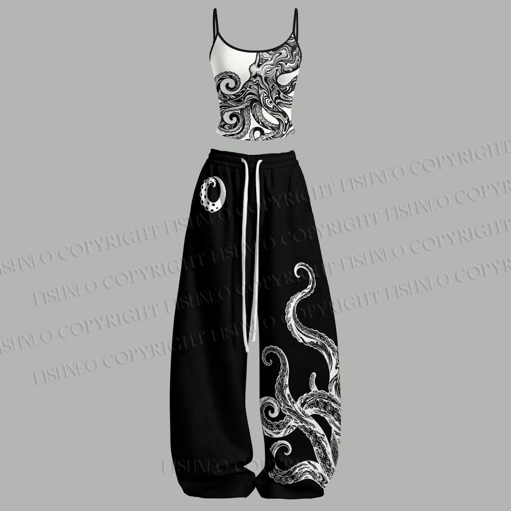 Yoga Fitness Outfit - Black And White Octopus Top Elasticated